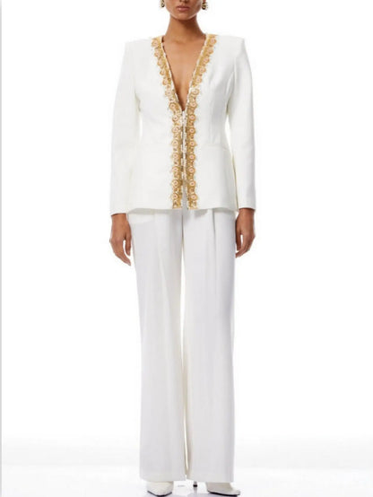 Embellished White Cotton-Blend Pantsuit - Suits & Sets