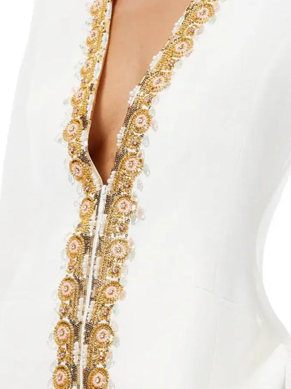 Embellished White Cotton-Blend Pantsuit - Suits & Sets