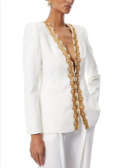 Embellished White Cotton-Blend Pantsuit - Suits & Sets