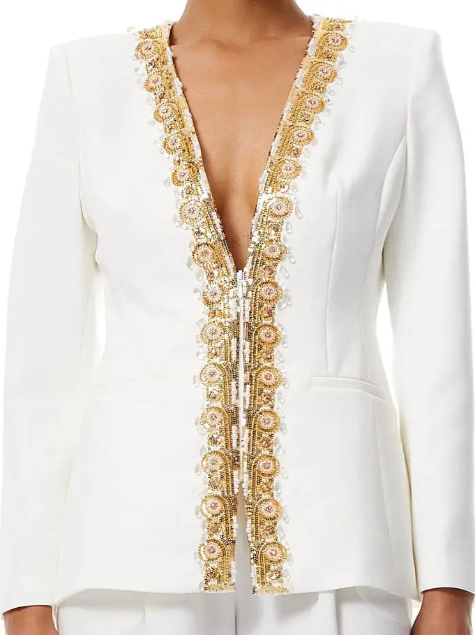Embellished White Cotton-Blend Pantsuit - Suits & Sets