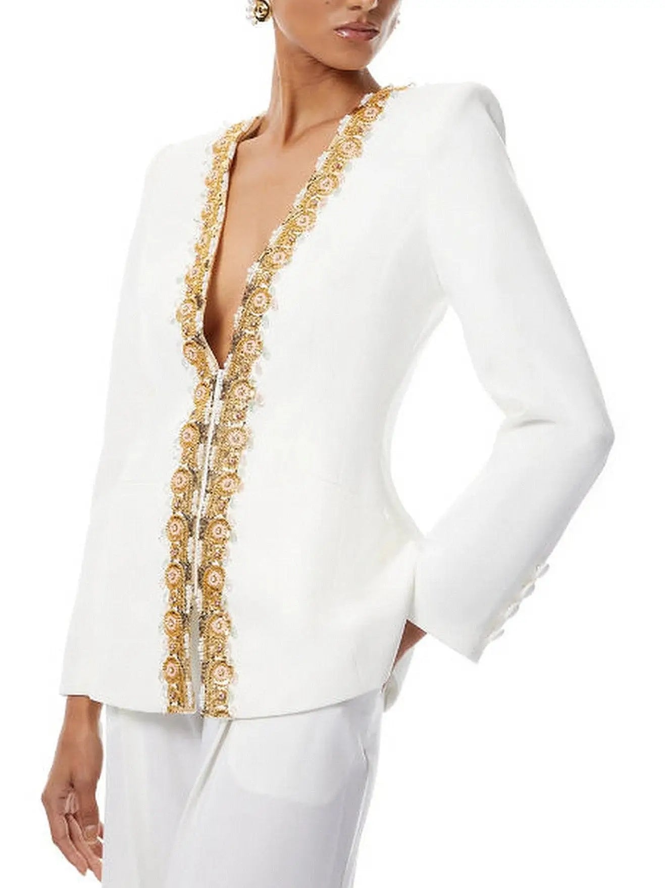 Embellished White Cotton-Blend Pantsuit - Suits & Sets