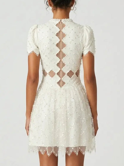 Embellished White Mesh Cutout Puff Sleeve Mini Dress - Dresses