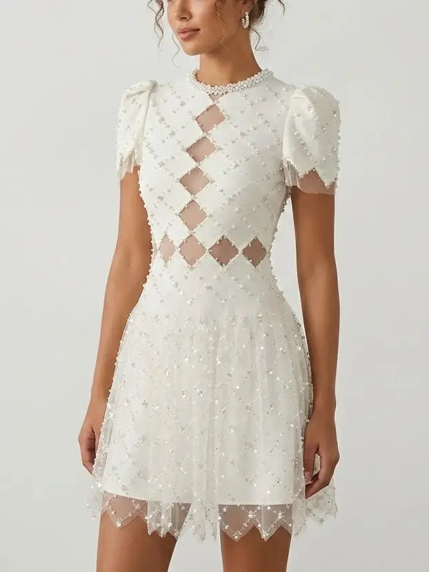 Embellished White Mesh Cutout Puff Sleeve Mini Dress - Dresses