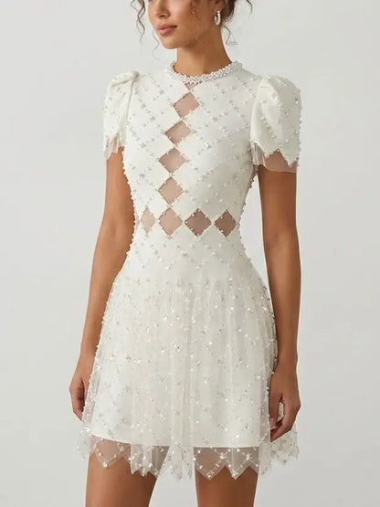 Embellished White Mesh Cutout Puff Sleeve Mini Dress - Dresses