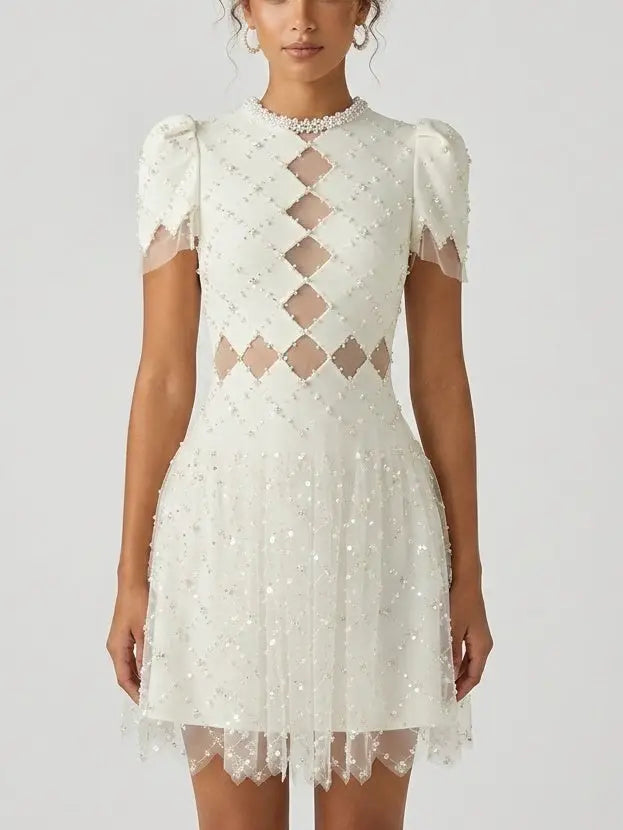 Embellished White Mesh Cutout Puff Sleeve Mini Dress - Dresses