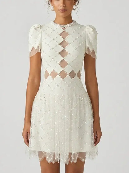 Embellished White Mesh Cutout Puff Sleeve Mini Dress - Dresses