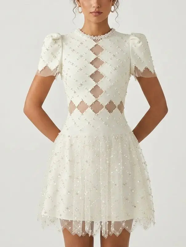 Embellished White Mesh Cutout Puff Sleeve Mini Dress - Dresses