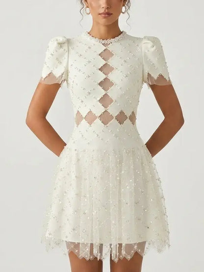 Embellished White Mesh Cutout Puff Sleeve Mini Dress - Dresses