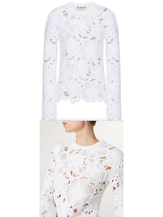 Embroidered Floral Cut-out Crochet-Effect Sweater in White - Branna Couture