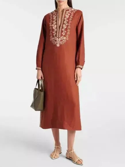 Embroidered Linen Midi Kaftan Dress - Branna Couture