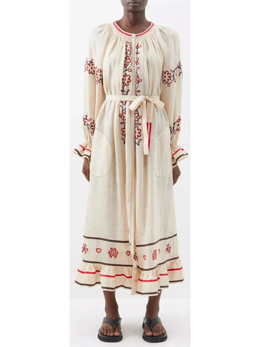 Embroidered Long-Sleeve Linen Boho Dress with Tie-Waist - Branna Couture