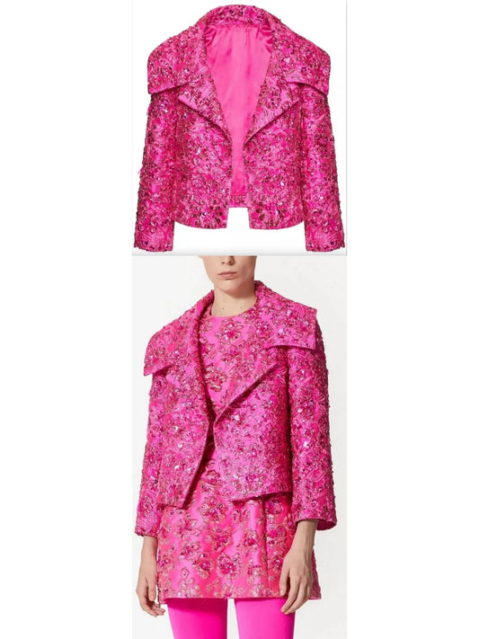 Embroidered Pink Jacquard Cropped Jacket - Branna Couture