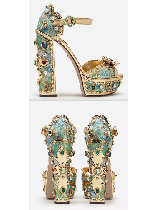 Embroidered Spanish Studded Turquoise and Green Painted Platform Sandals - Branna Couture