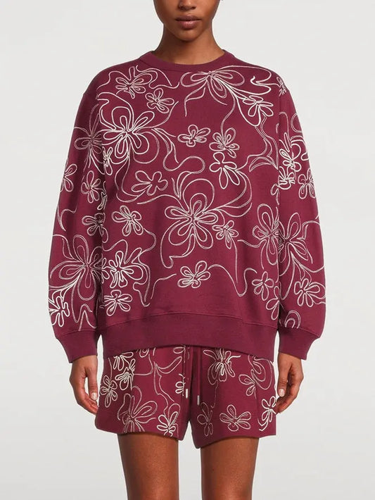 Embroidered Swirling Floral Pattern Oversized Sweatshirt - Branna Couture