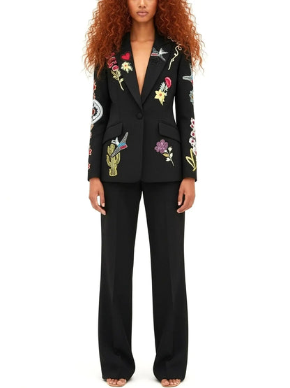 Embroidered Black Blazer and Pant Set - S - Suits & Sets