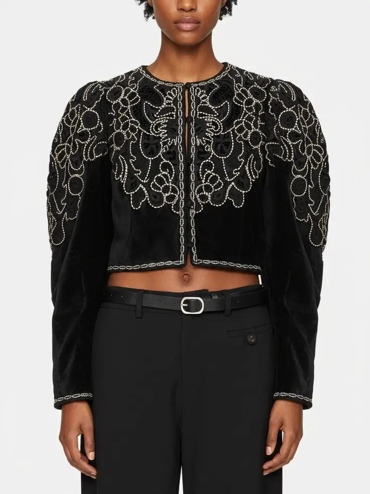Embroidered Black Velvet Cropped Jacket - Small - Jackets