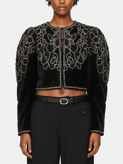 Embroidered Black Velvet Cropped Jacket - Small - Jackets