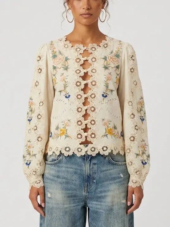 Embroidered Blouse with Puff Sleeves and Cutout Details - Small - Tops