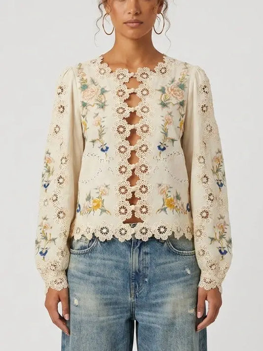 Embroidered Blouse with Puff Sleeves and Cutout Details - Small - Tops