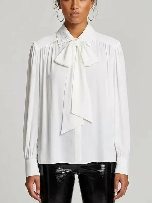 Embroidered Collar Tie-Neck Pleated White Blouse - Small - Tops