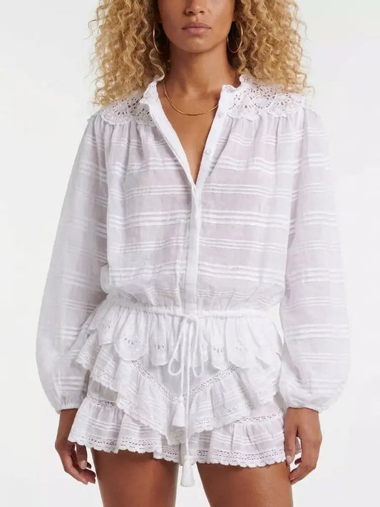 Embroidered Cotton Blouse and Drawstring Skort Set - Small - Suits & Sets