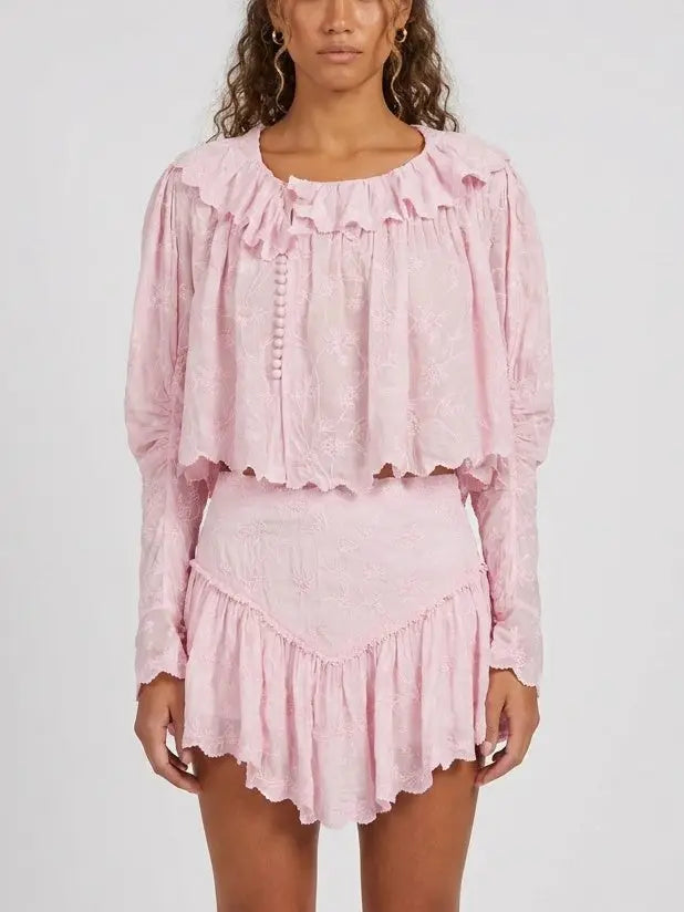 Embroidered Cotton Blouse and Ruffle Skort Set - Small / Pink - Suits & Sets