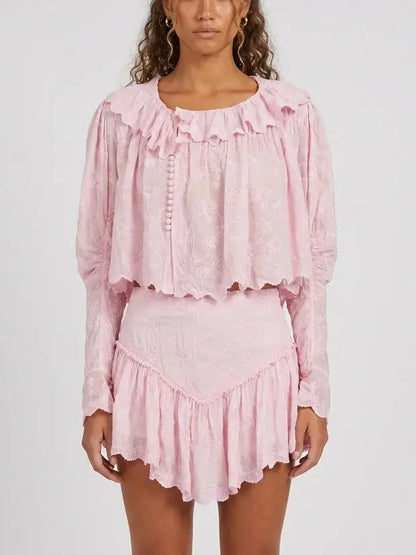 Embroidered Cotton Blouse and Ruffle Skort Set - Small / Pink - Suits & Sets