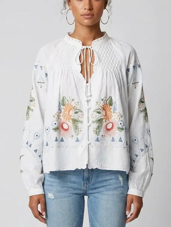 Embroidered Cotton Tie Neck Boho Blouse - Small / White - Tops