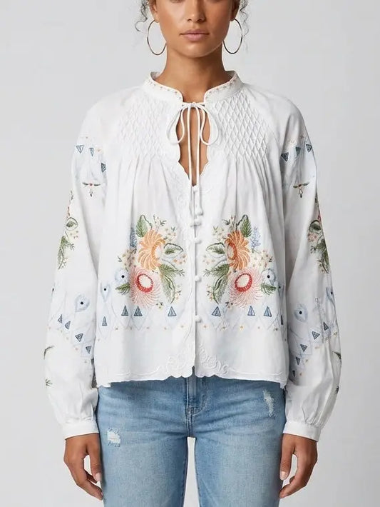 Embroidered Cotton Tie Neck Boho Blouse - Small / White - Tops