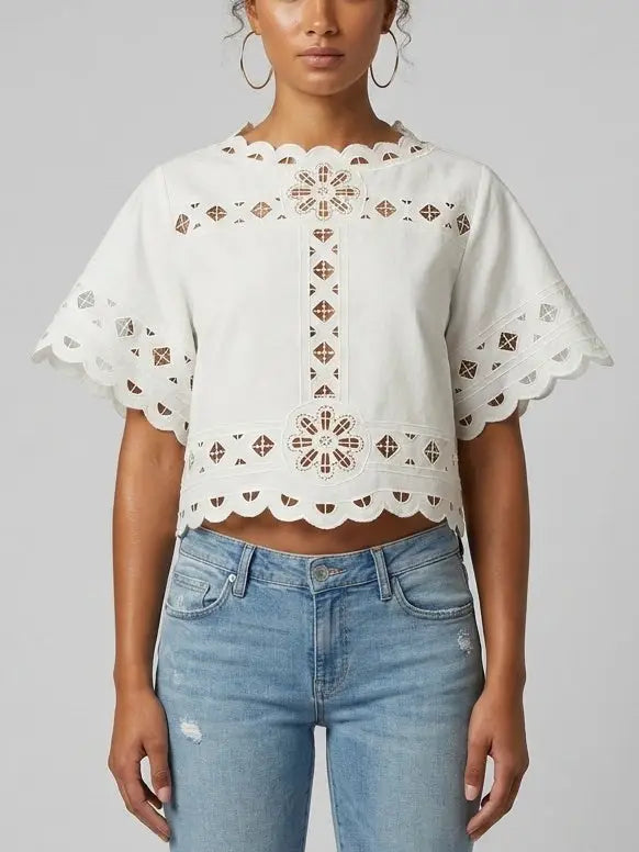 Embroidered Cutout Scallop Hem Top - Small / White - Tops