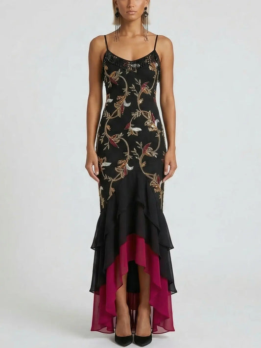 Embroidered Floral High-Low Midi Dress with Fringe - Dresses