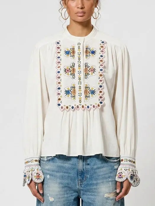 Embroidered Front Panel White Blouse - Small - Tops