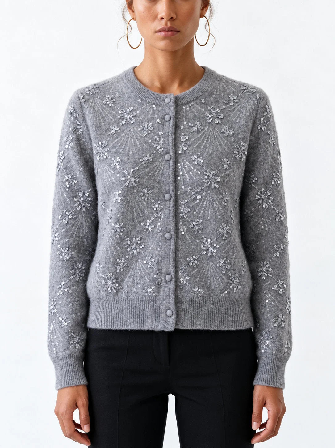 Embroidered Grey Cashmere Cardigan Sweater - Small - Sweaters & Knitwear
