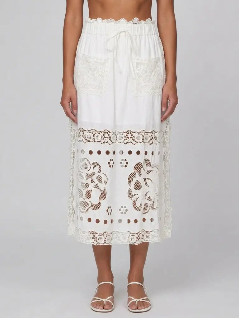 Embroidered Lace Cotton Midi Skirt with Side Slit - Small - Skirts