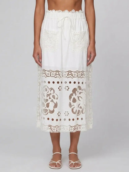 Embroidered Lace Cotton Midi Skirt with Side Slit - Small - Skirts