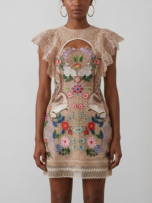 Embroidered Lace Mini Dress with Bird and Floral Motif