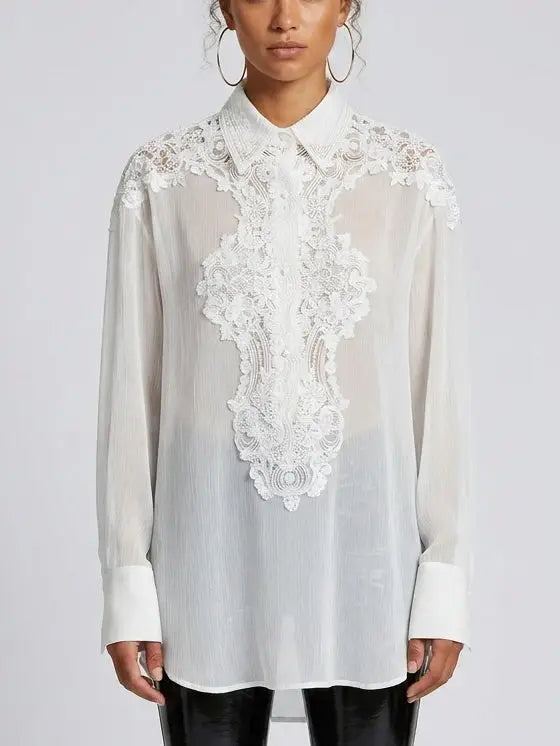Lace and Silk Oversize Shirt in Grey - S / White - Tops