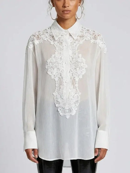Lace and Silk Oversize Shirt in Grey - S / White - Tops