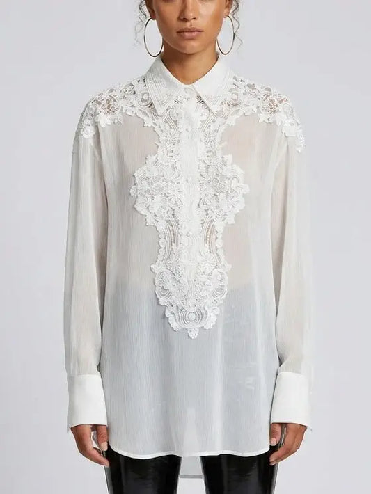 Lace and Silk Oversize Shirt in Grey - S / White - Tops