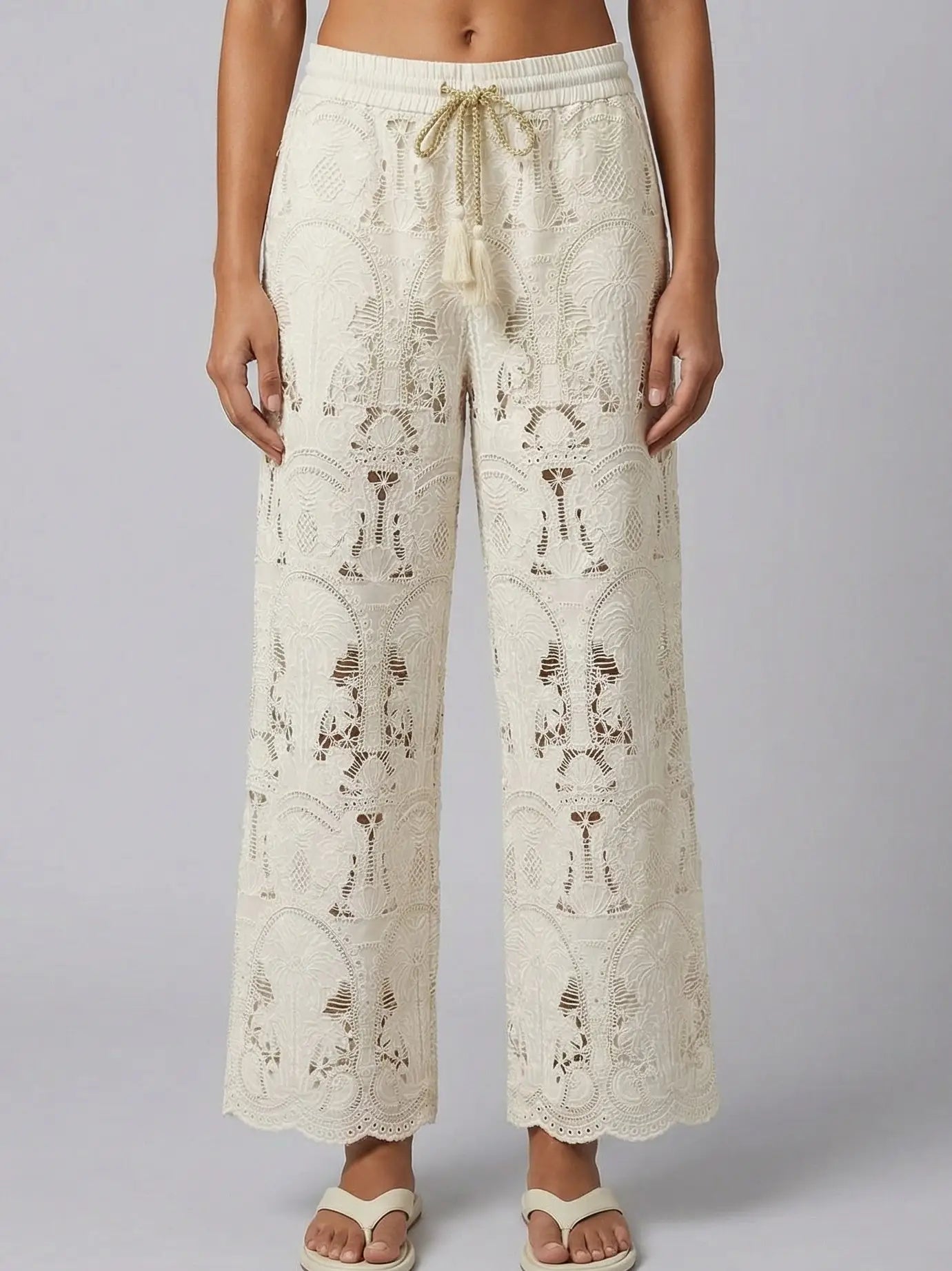 Embroidered Lace Wide-Leg Pants with Drawstring Waist - S - Jeans & Pants