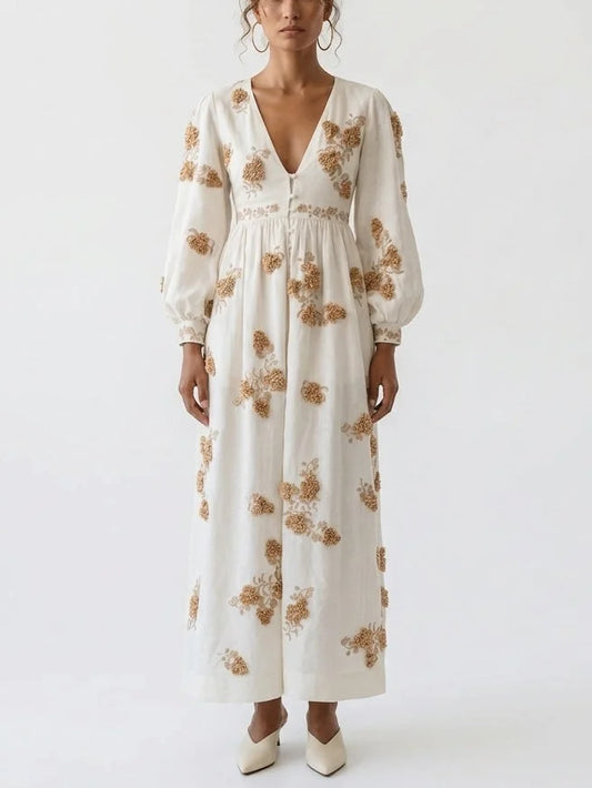 Embroidered Linen Maxi Dress with 3D Floral Embellishments - S - Dresses
