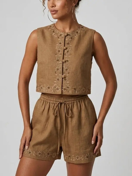 Embroidered Linen Top and Shorts Set - Small - Suits & Sets