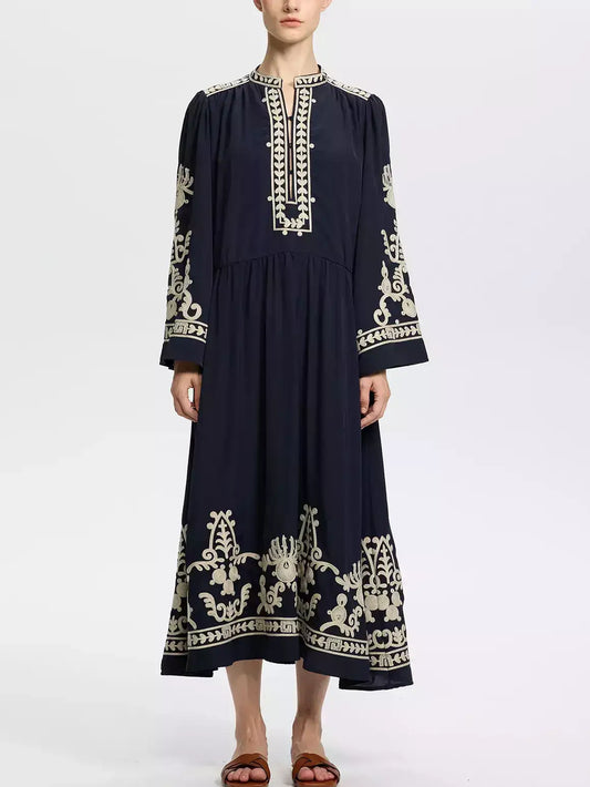 Embroidered Long-Sleeve Navy Midi Dress - Small - Dresses