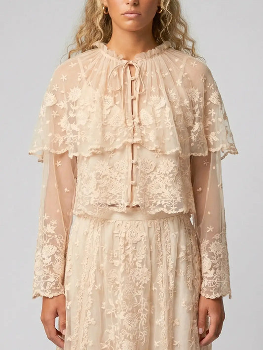 Embroidered Mesh Capelet Blouse - Small - Tops