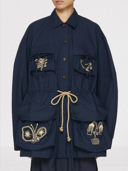 Embroidered Multi-Pocket Drawstring Trench Jacket - Small - Jackets