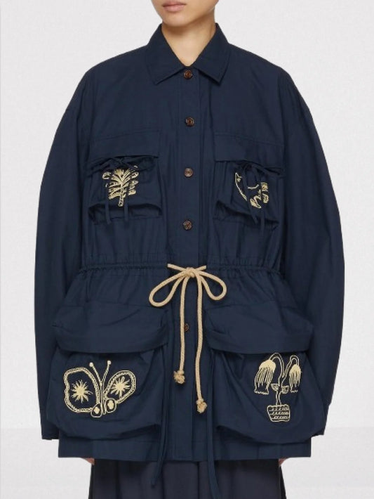 Embroidered Multi-Pocket Drawstring Trench Jacket - Small - Jackets