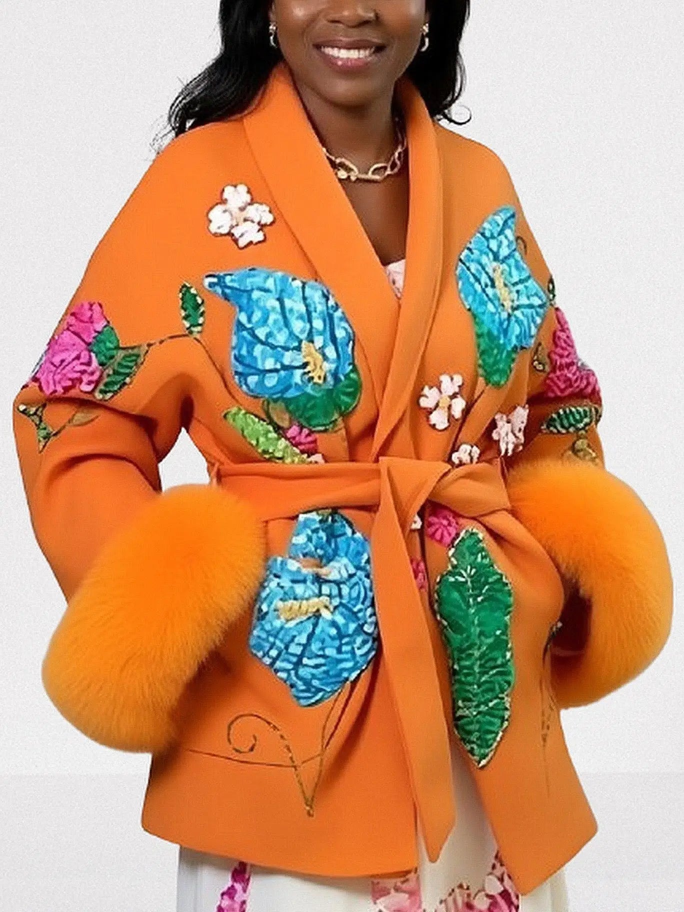 Embroidered Orange Wool Wrap Coat with Fur Cuffs - One size - Coats
