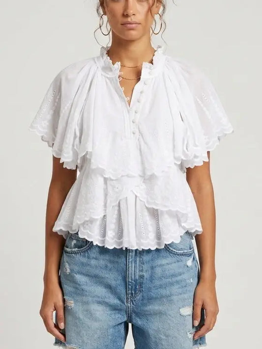 Embroidered Ruffle Tiered Cotton Short Sleeve Blouse - Small - Tops