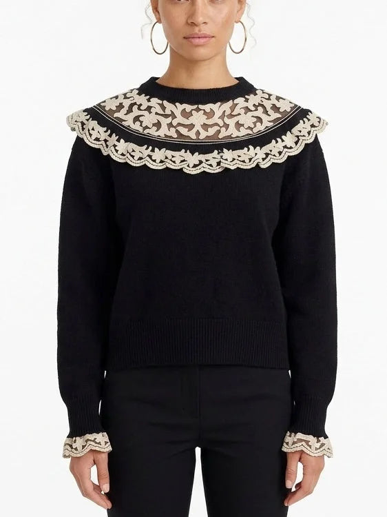 Embroidered Scalloped Collar Knit Sweater - Small - Sweaters & Knitwear