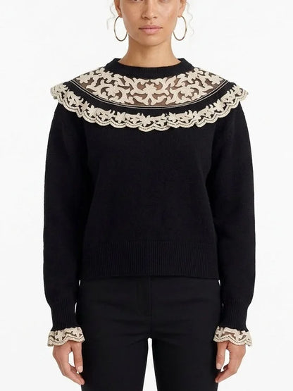 Embroidered Scalloped Collar Knit Sweater - Small - Sweaters & Knitwear